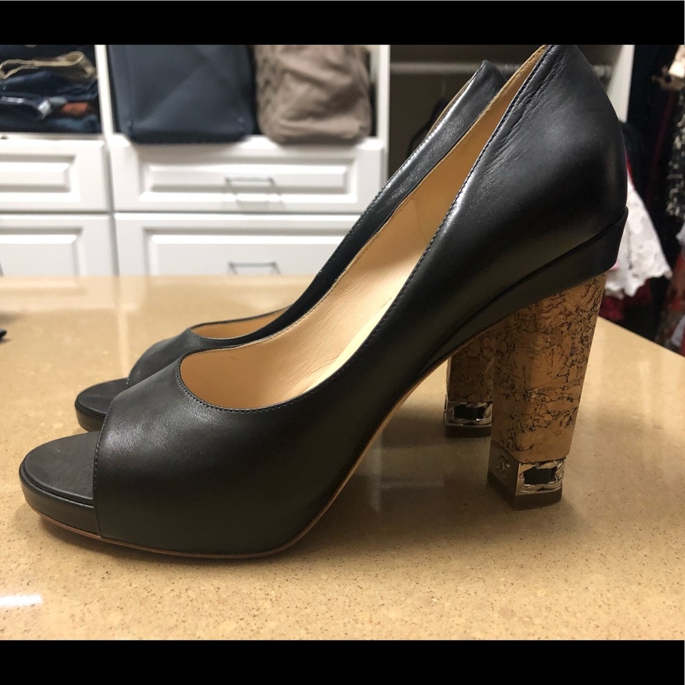 Chanel Cork and Leather Peep Toe Heels